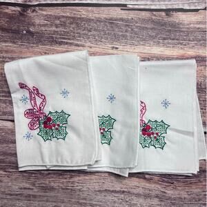 Set of Three Hand stitched Napkin Handkerchief Holly And Bow